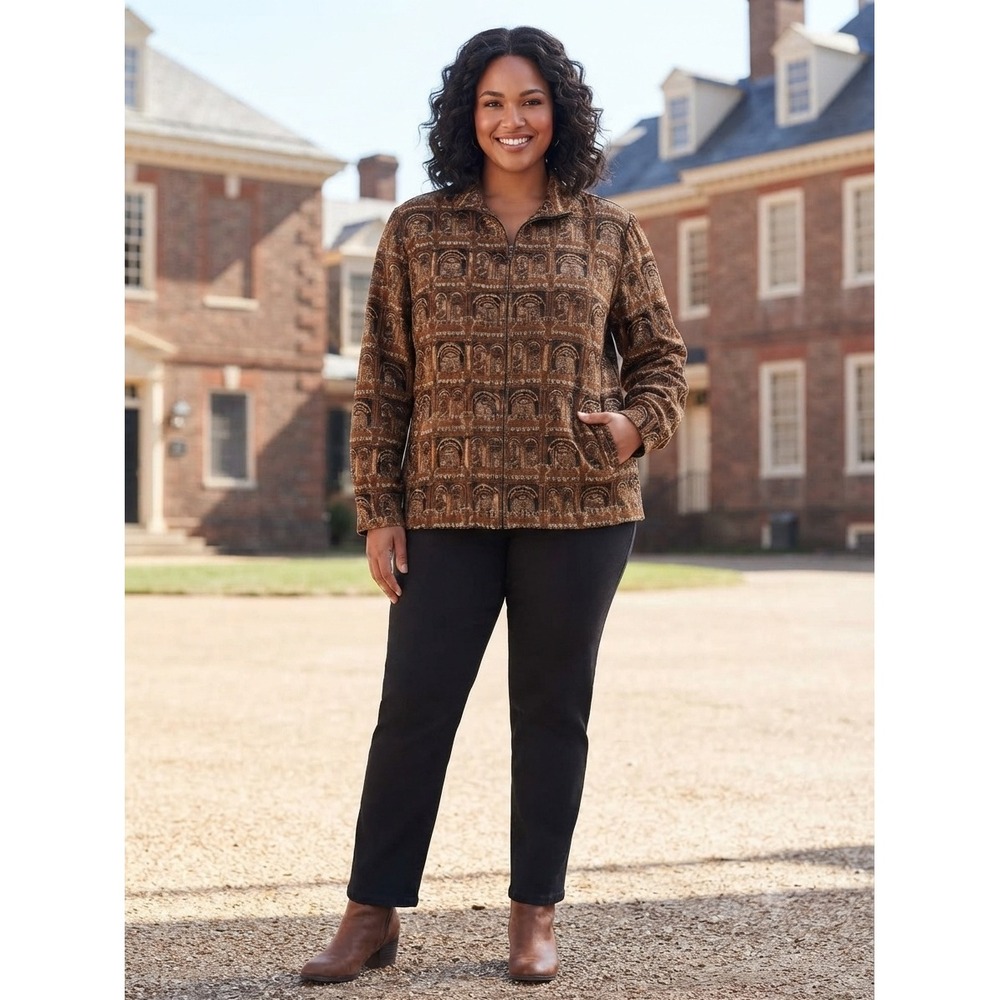 Chico's Silk Blend Architectural Tapestry Zip Jacket Brown Size 3 XL